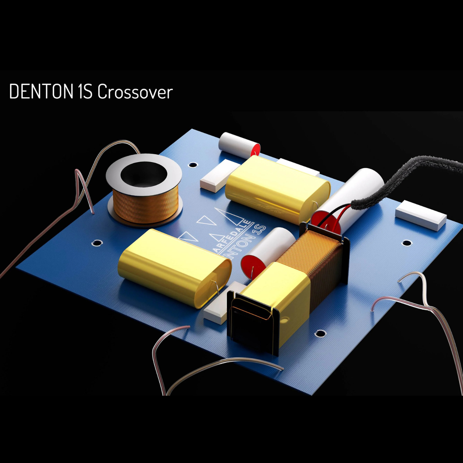 A blue electronic crossover circuit board with yellow and white capacitors, a copper coil, and attached wires, shown on a black background with the text 'DENTON 1S Crossover'.