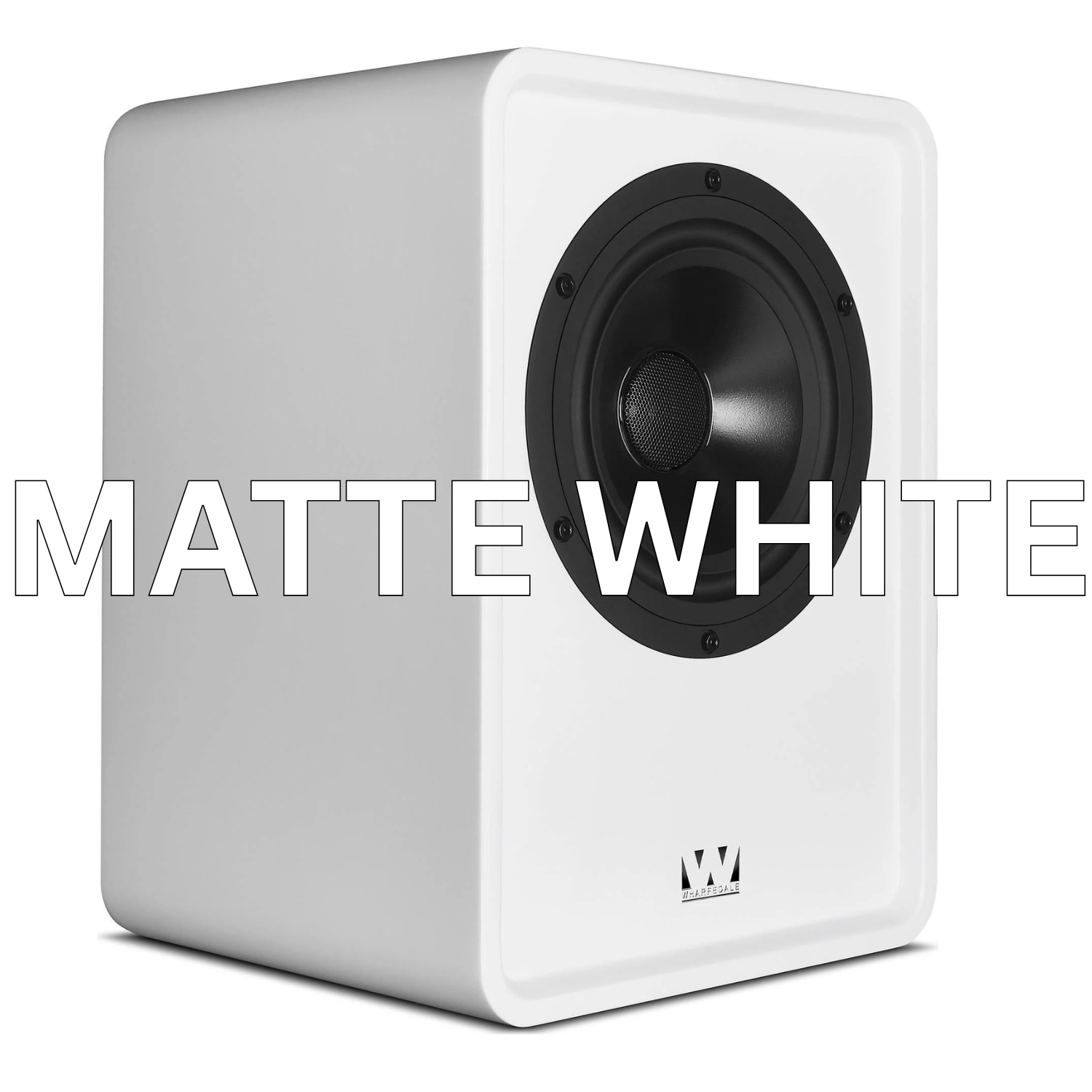 A white studio monitor speaker with a black front driver and a large 'MATTE WHITE' text overlay across the center, on a white background.