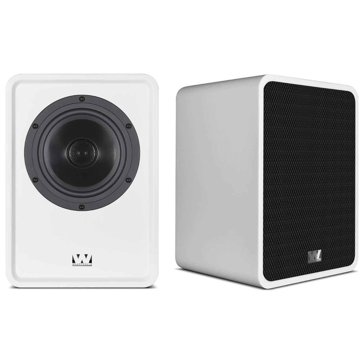 A pair of white Wharfedale Denton 1S Bookshelf Speakers on white background