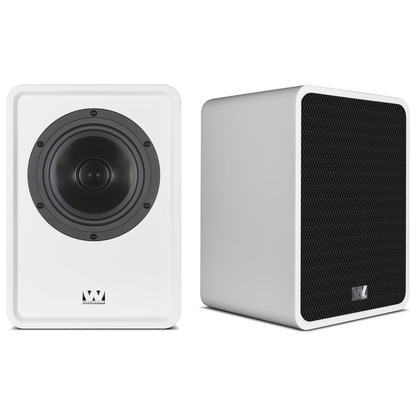 A pair of white Wharfedale Denton 1S Bookshelf Speakers on white background