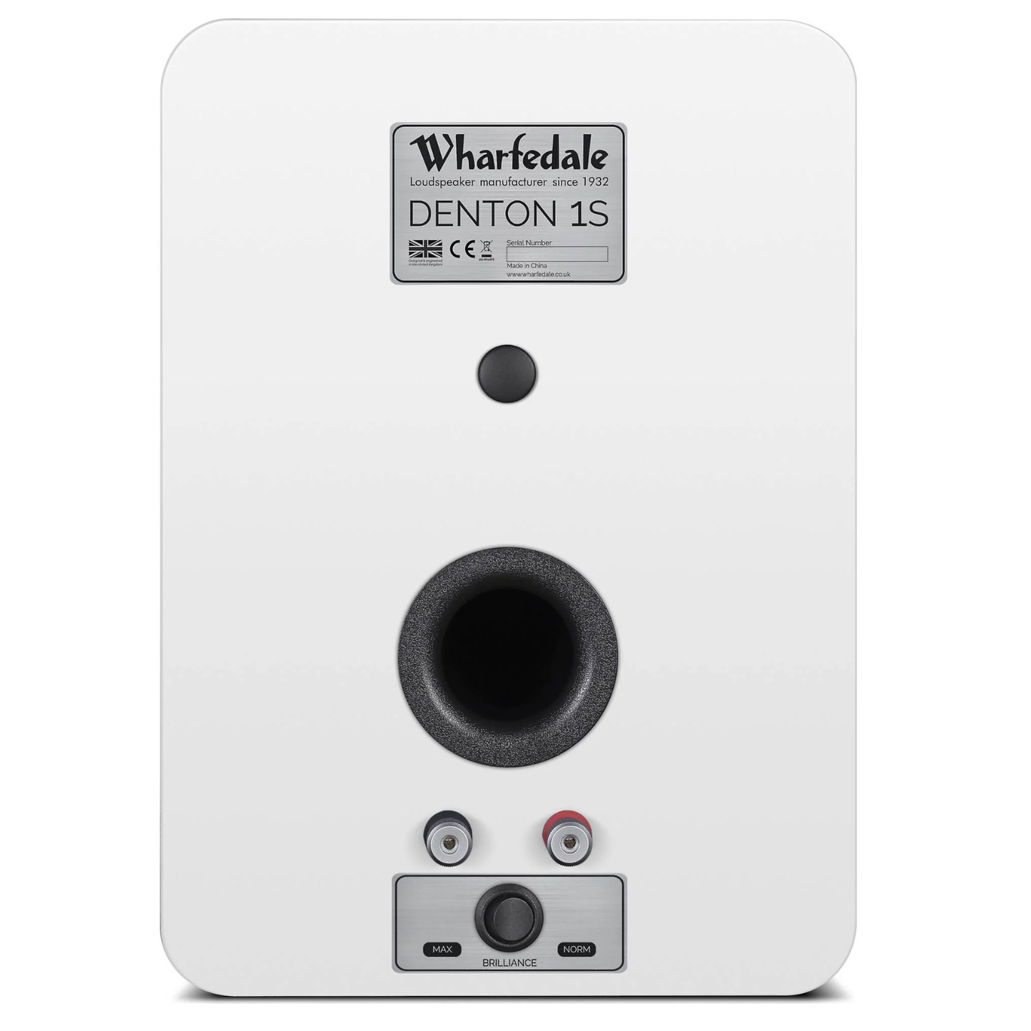 The rear view of a white Wharfedale Denton 1S bookshelf speaker, showing the rear panel with a central port, input jacks, and a brand label.