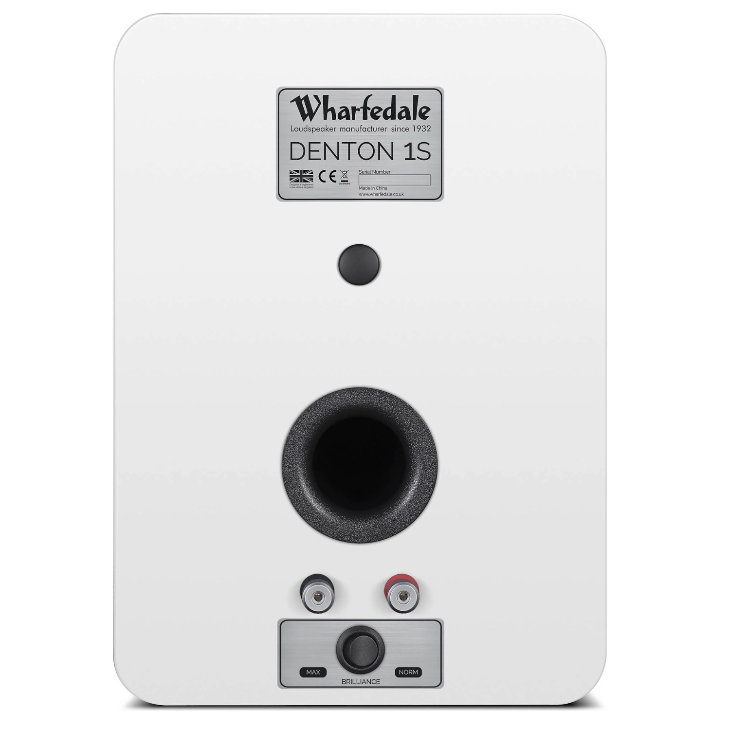 The rear view of a white Wharfedale Denton 1S bookshelf speaker, showing the rear panel with a central port, input jacks, and a brand label.