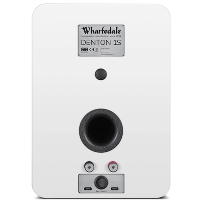 The rear view of a white Wharfedale Denton 1S bookshelf speaker, showing the rear panel with a central port, input jacks, and a brand label.