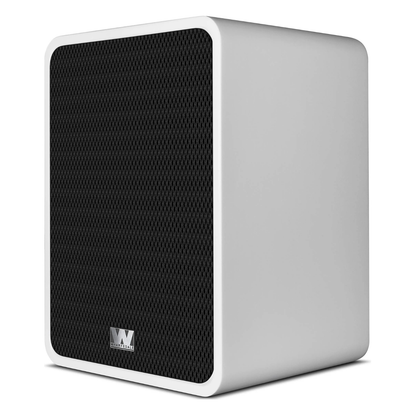Angle view of white Wharfedale Denton 1S Bookshelf Speakers on white background