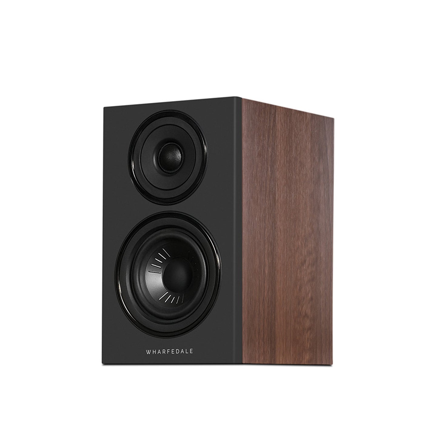 Front angle view of Wharfedale Diamond 12.0i Speakers in walnut