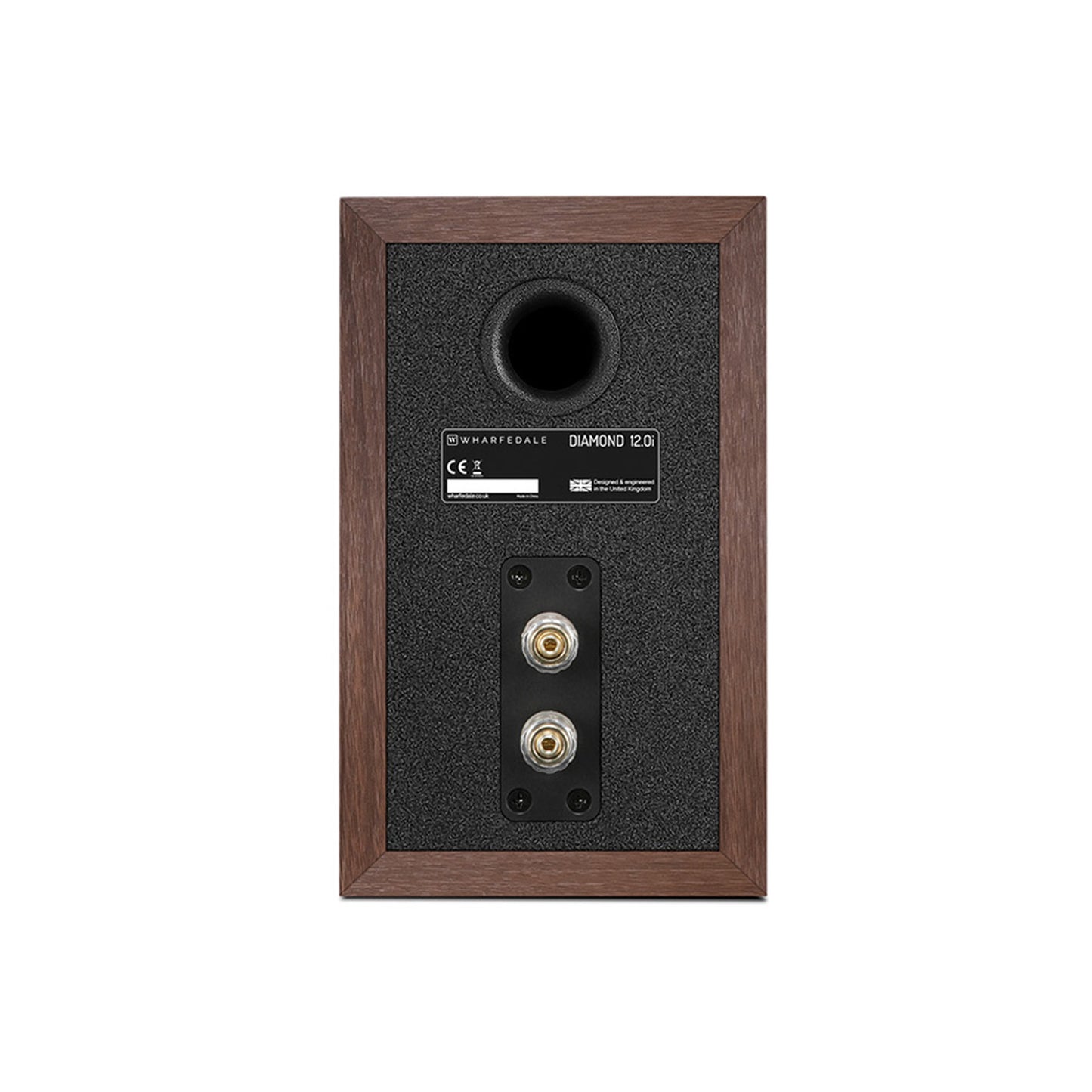 Back view of Wharfedale Diamond 12.0i Speakers in walnut