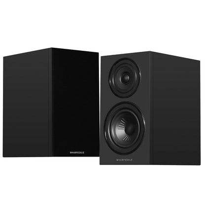 Pair of black Wharfedale Diamond 12.1i Speakers on white background