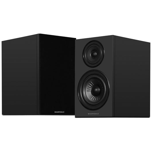 Pair of black Wharfedale Diamond 12.2i Speakers on white background