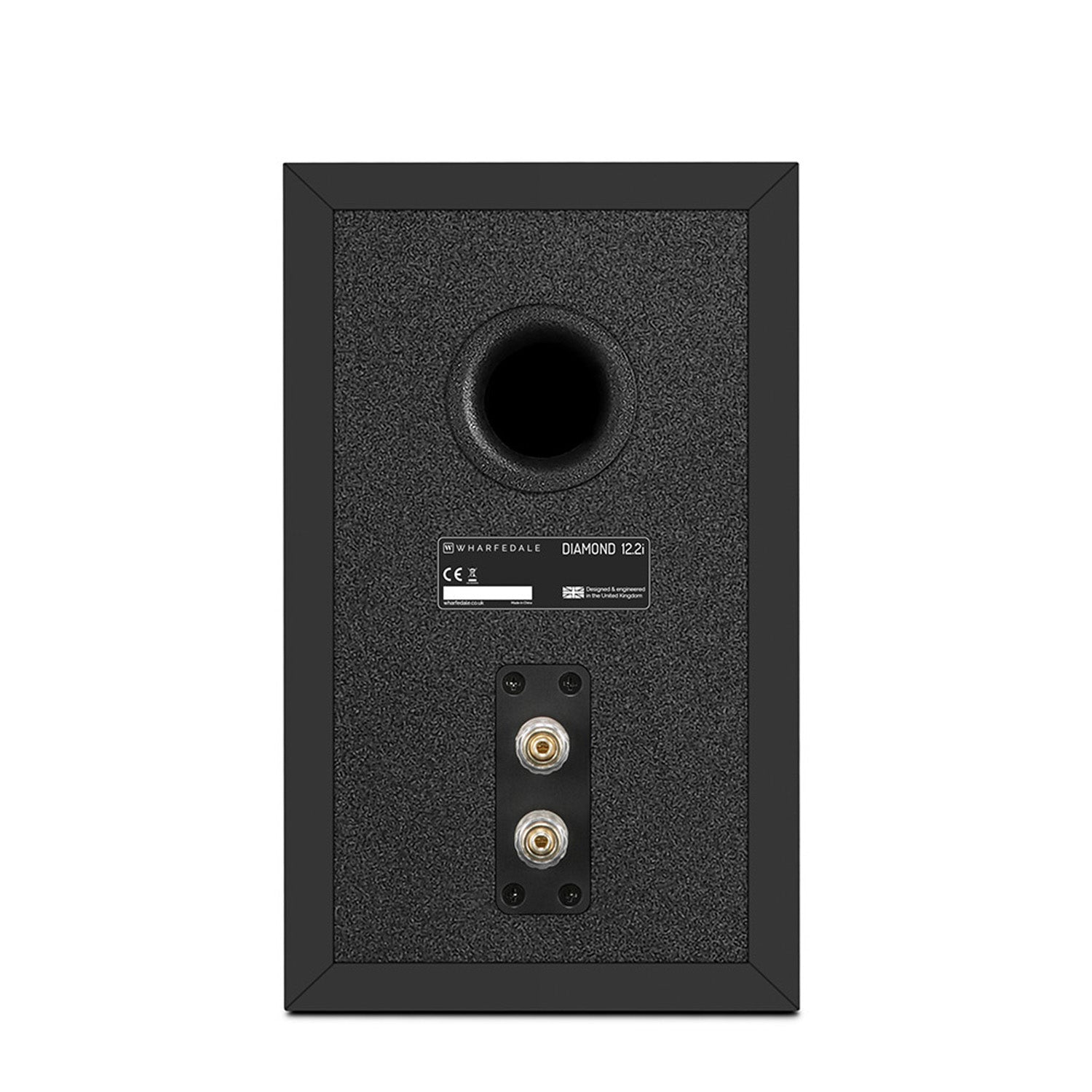 Back of black Wharfedale Diamond 12.2i Speaker on white background
