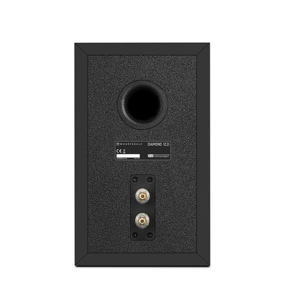 Back of black Wharfedale Diamond 12.2i Speaker on white background
