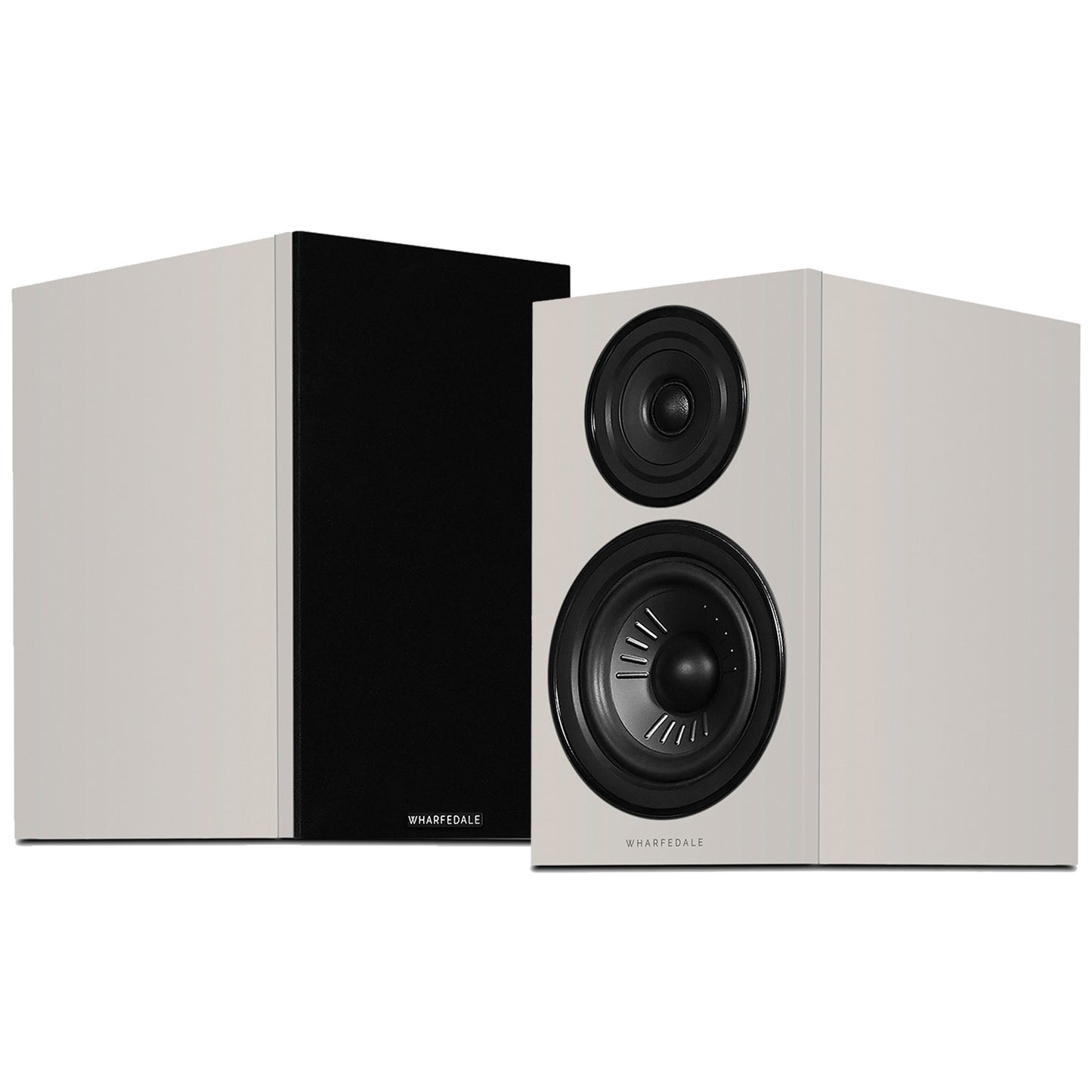 Pair of stone grey Wharfedale Diamond 12.2i Speakers on white background