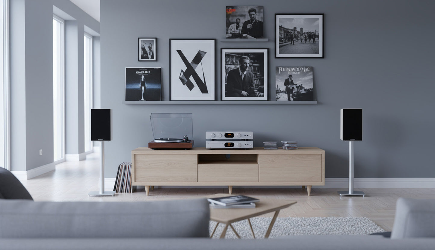 Modern living room with a gray wall, wooden entertainment console, and framed pictures.