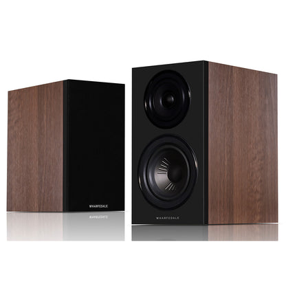 Pair of walnut Wharfedale Diamond 12.2i Speakers on white background