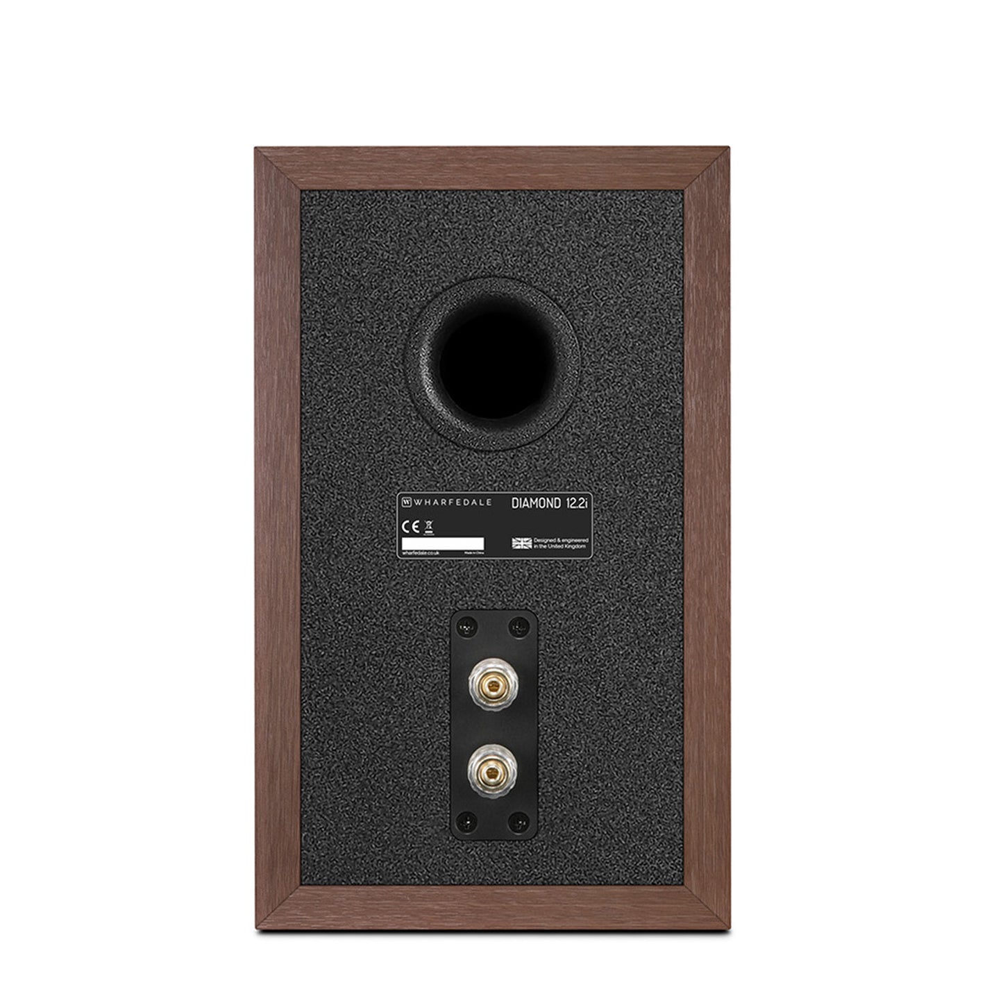 Back of walnut Wharfedale Diamond 12.2i Speaker on white background