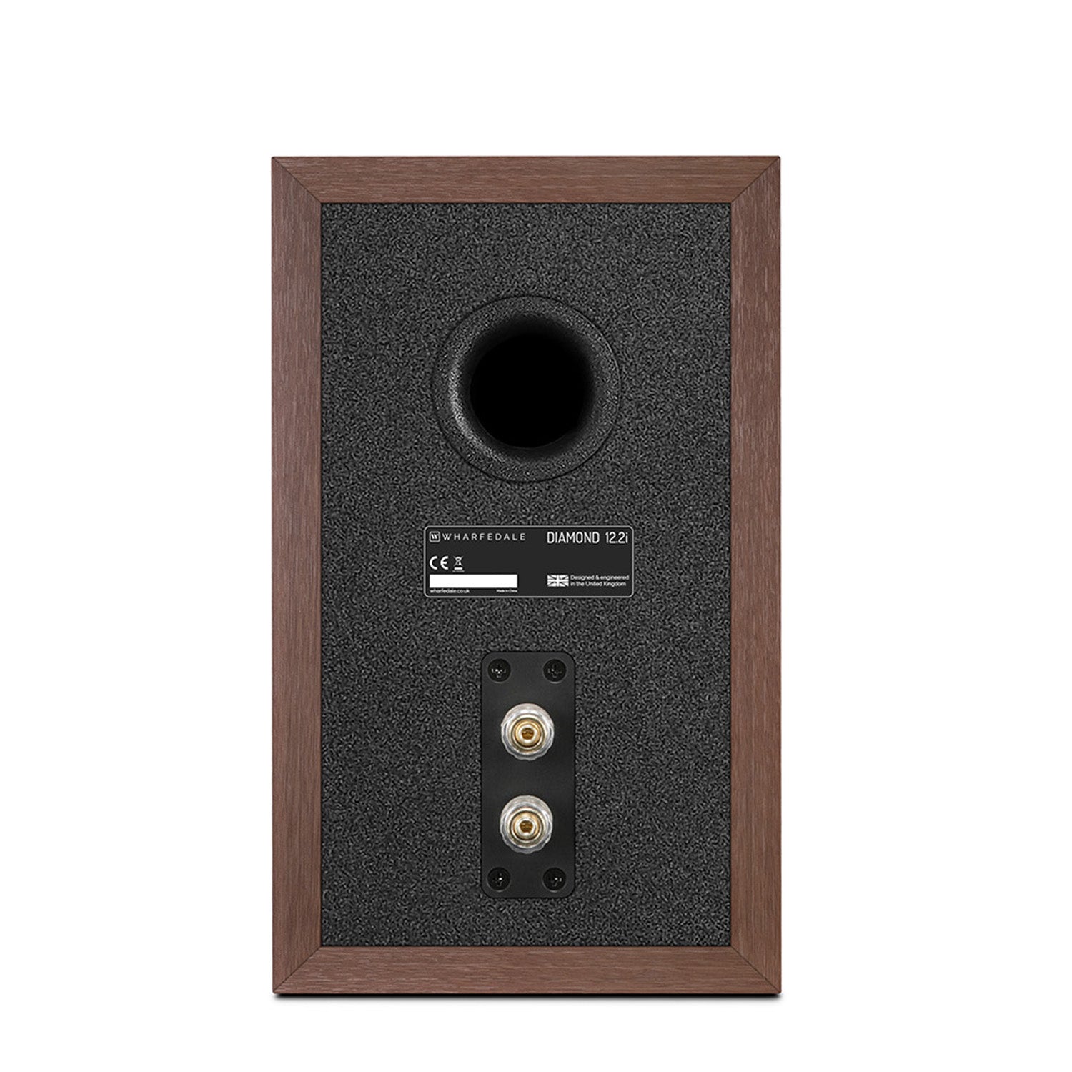 Back of walnut Wharfedale Diamond 12.2i Speaker on white background