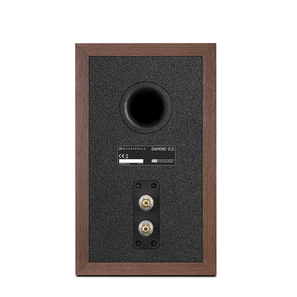 Back of walnut Wharfedale Diamond 12.2i Speaker on white background