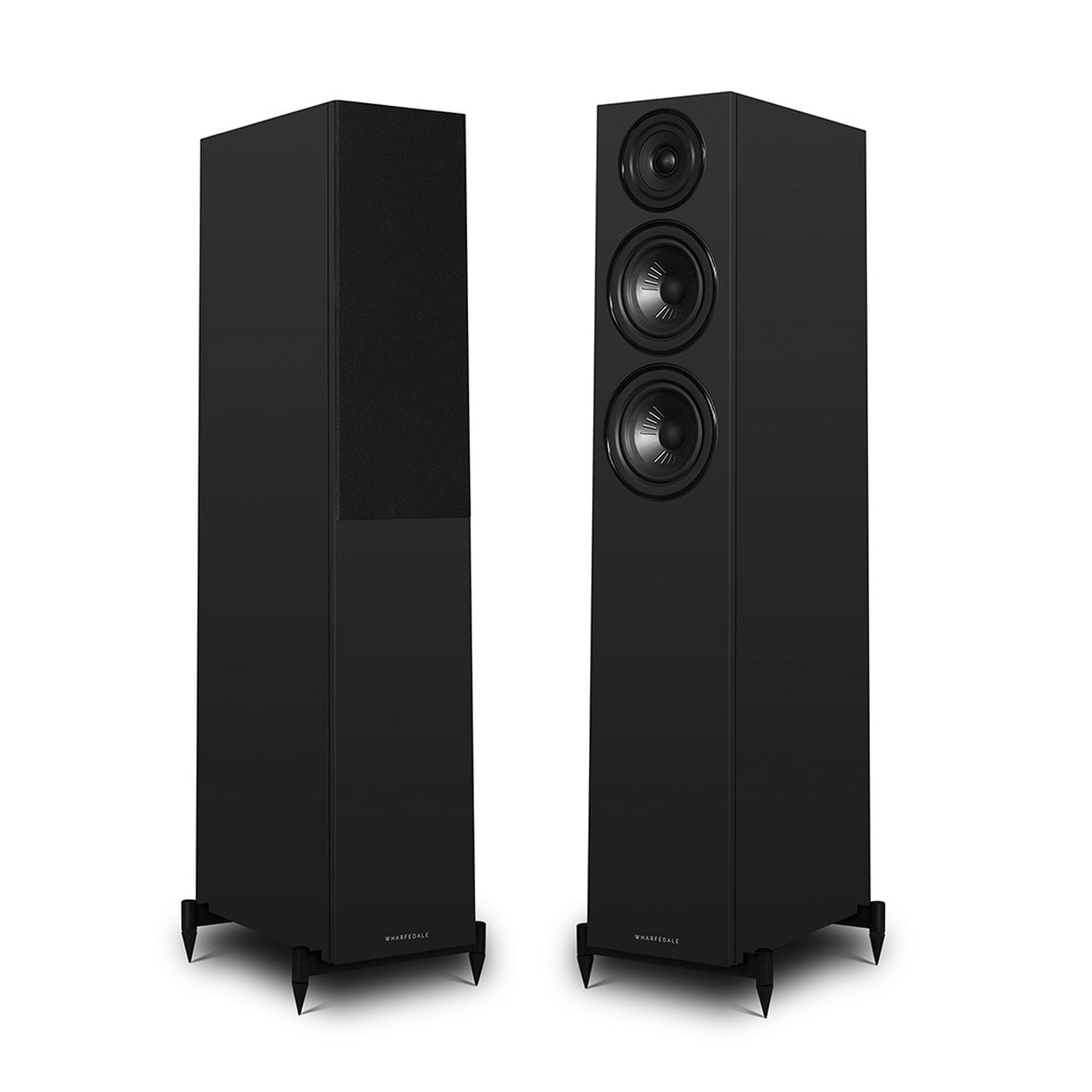 Pair of black Wharfedale Diamond 12.3i Speakers on white background