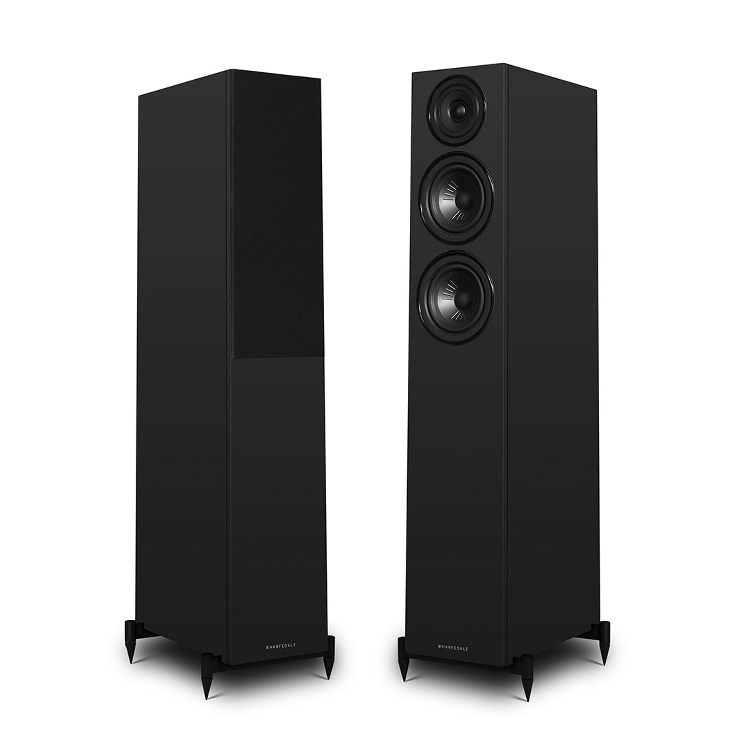 Pair of black Wharfedale Diamond 12.3i Speakers on white background