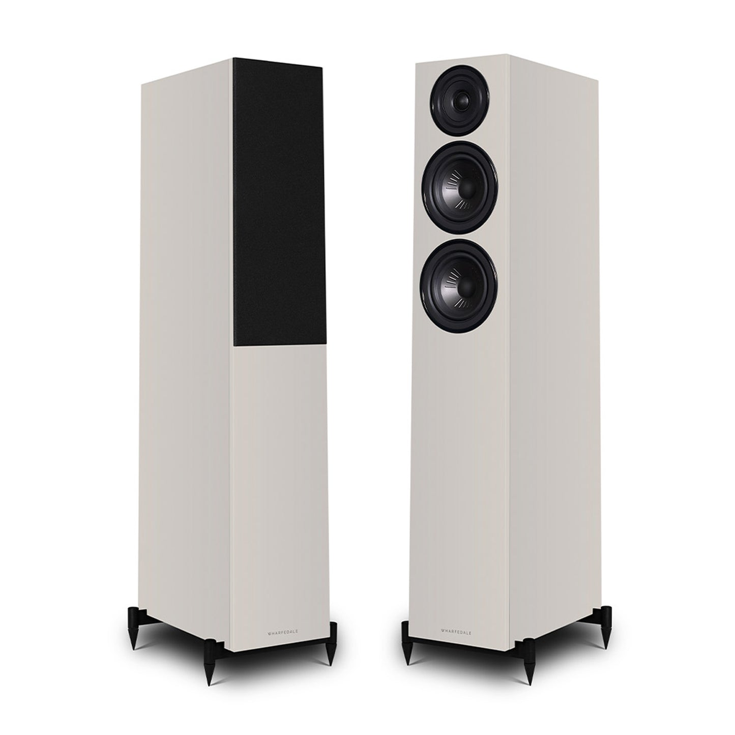 Pair of stone grey Wharfedale Diamond 12.3i Speakers on white background