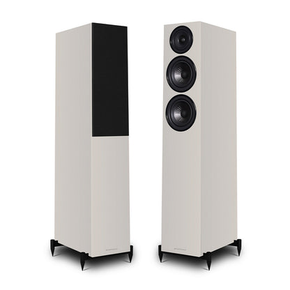 Pair of stone grey Wharfedale Diamond 12.3i Speakers on white background