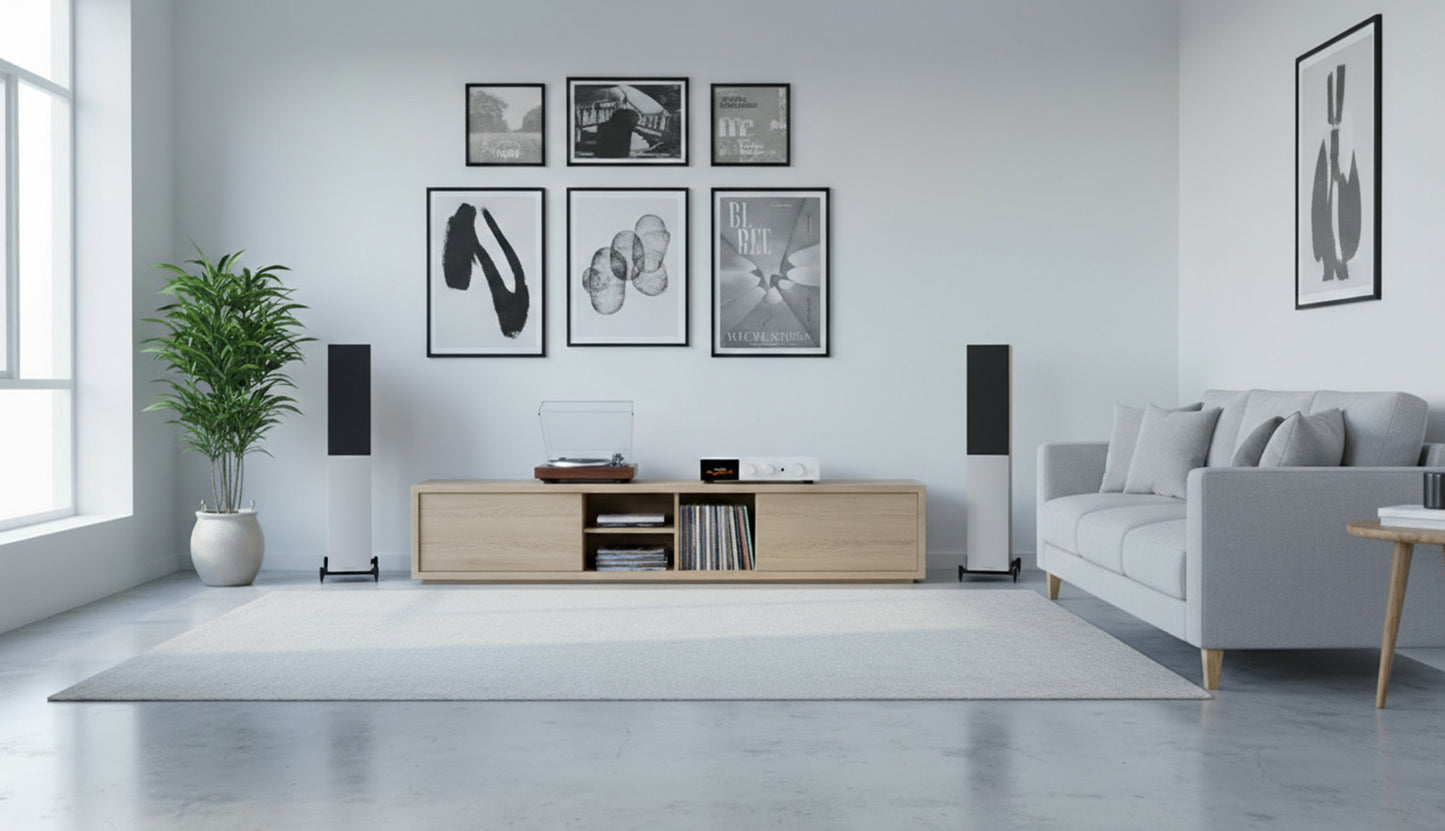 Modern living room with gray sofa, wooden TV stand, and framed pictures on the wall.