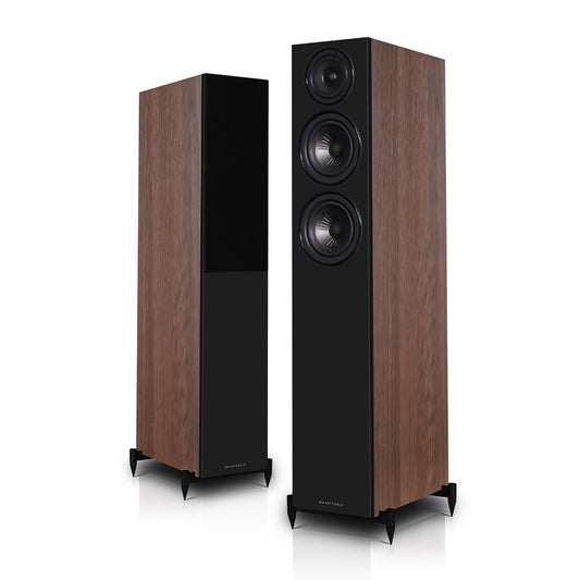 Pair of Walnut Wharfedale Diamond 12.3i Speakers on white background