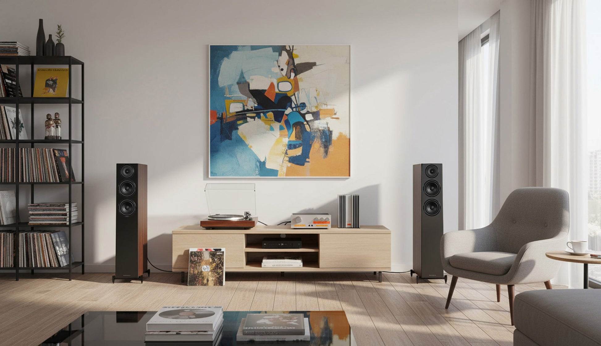 Modern living room with a television, speakers, and a colorful abstract painting.