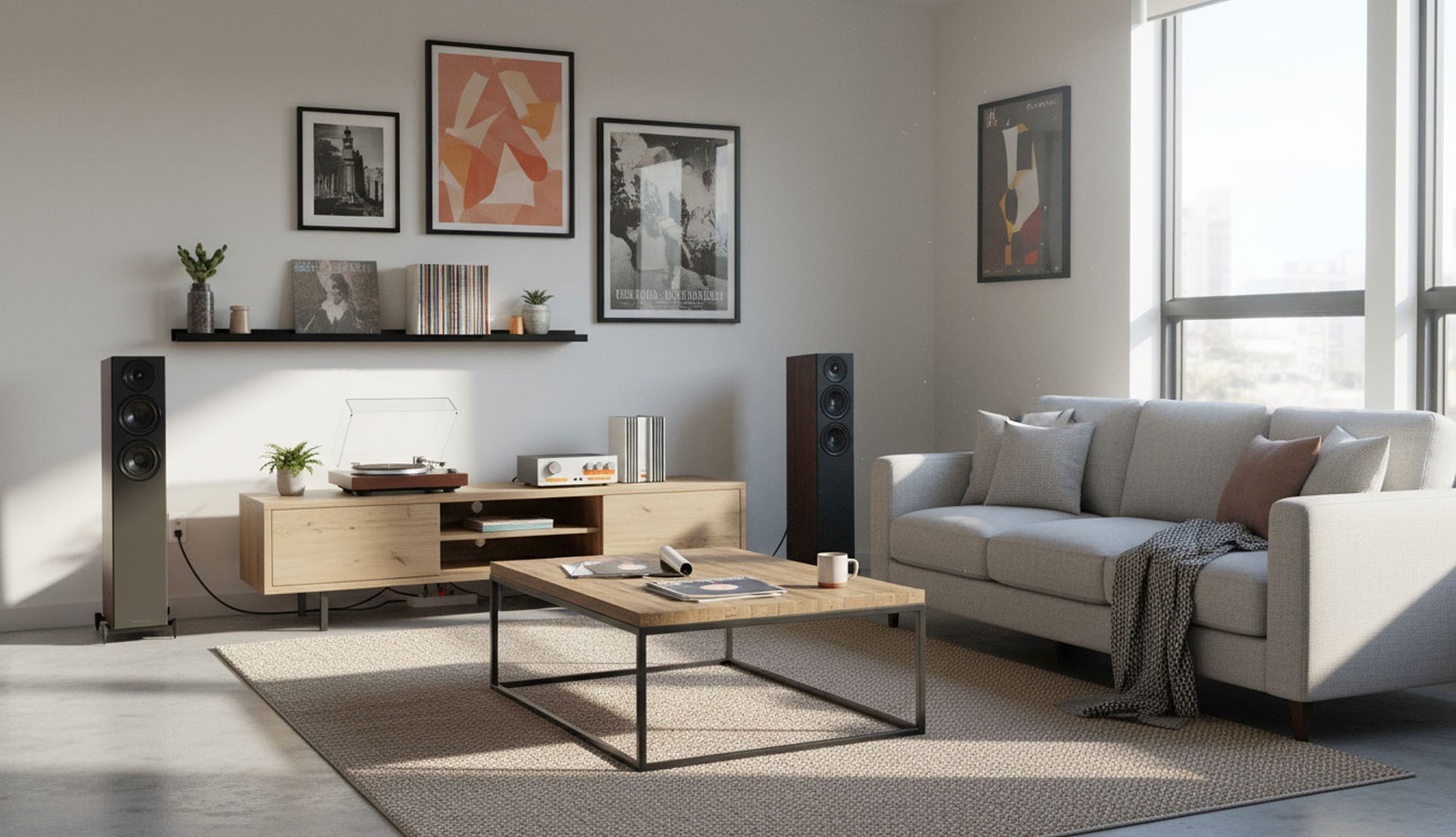 Modern living room with a sofa, coffee table, and decorative items.