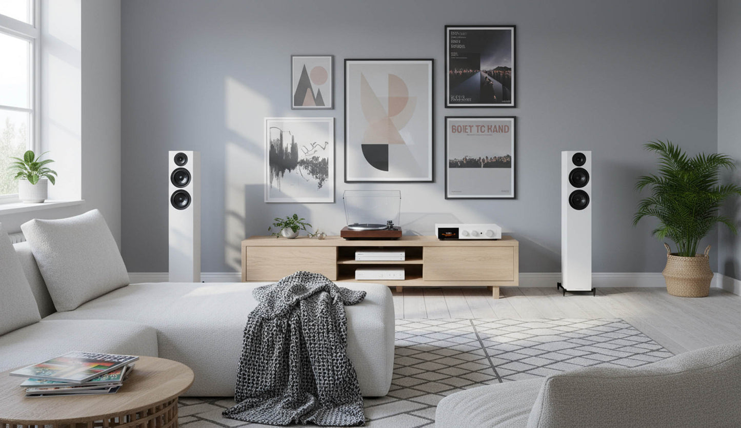 Living room with white sofa, coffee table, and speakers in a modern decor setting.