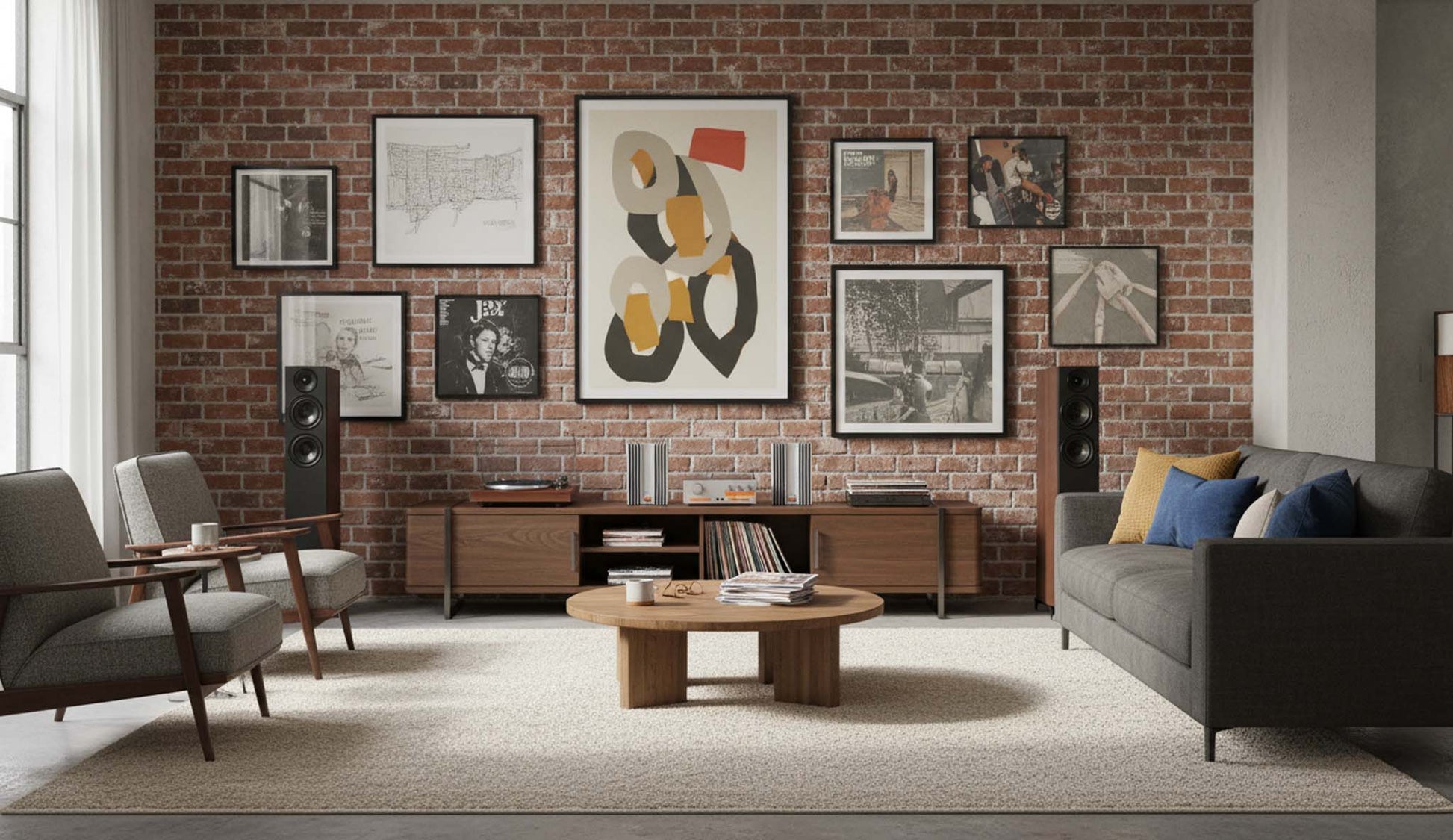 Modern living room with brick wall, gray sofa, and round wooden coffee table.