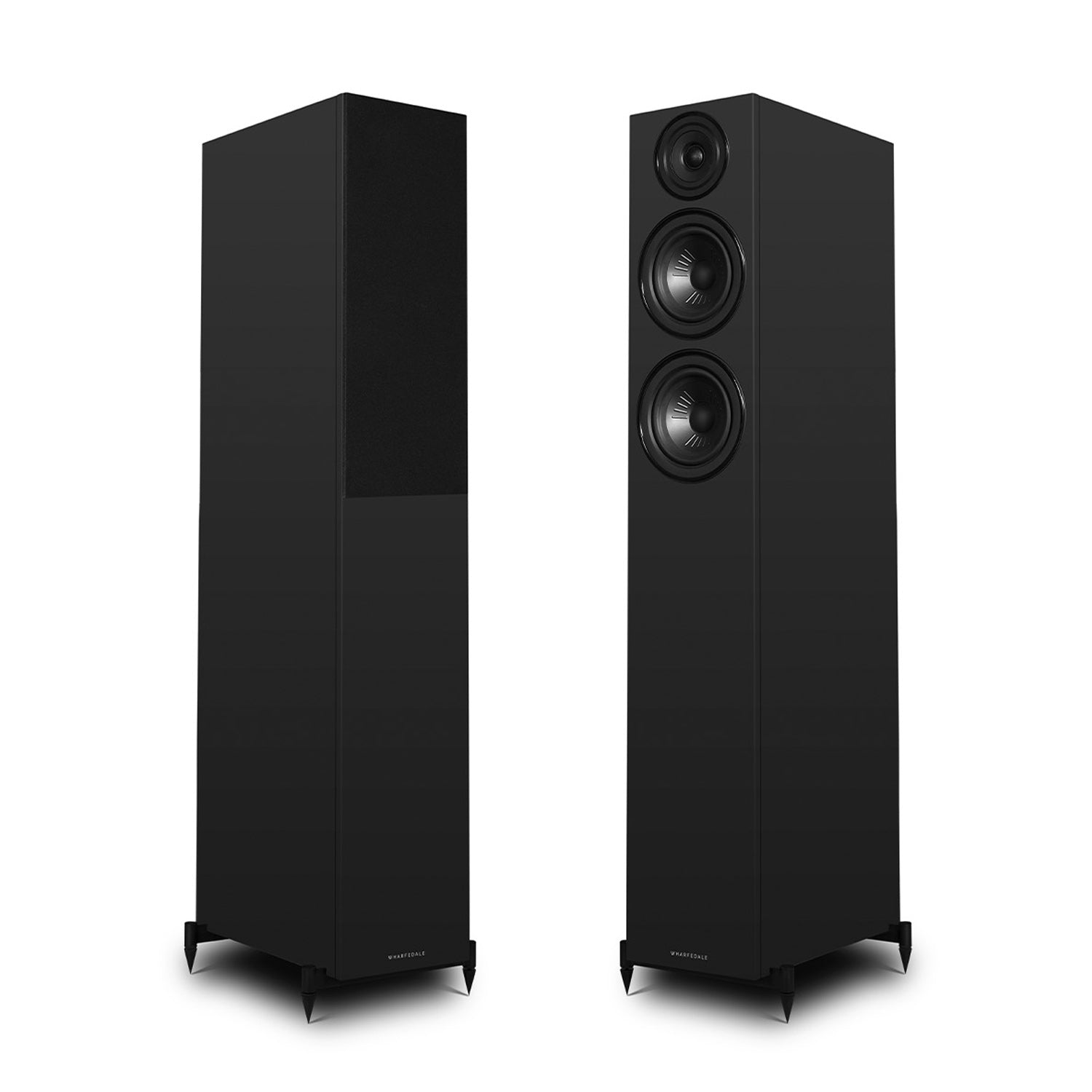 Pair of black Wharfedale Diamond 12.4i Speakers on white background