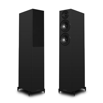 Pair of black Wharfedale Diamond 12.4i Speakers on white background