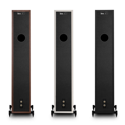 Back view of 3 Wharfedale Diamond 12.4i Speakers speakers of different colours on a white background