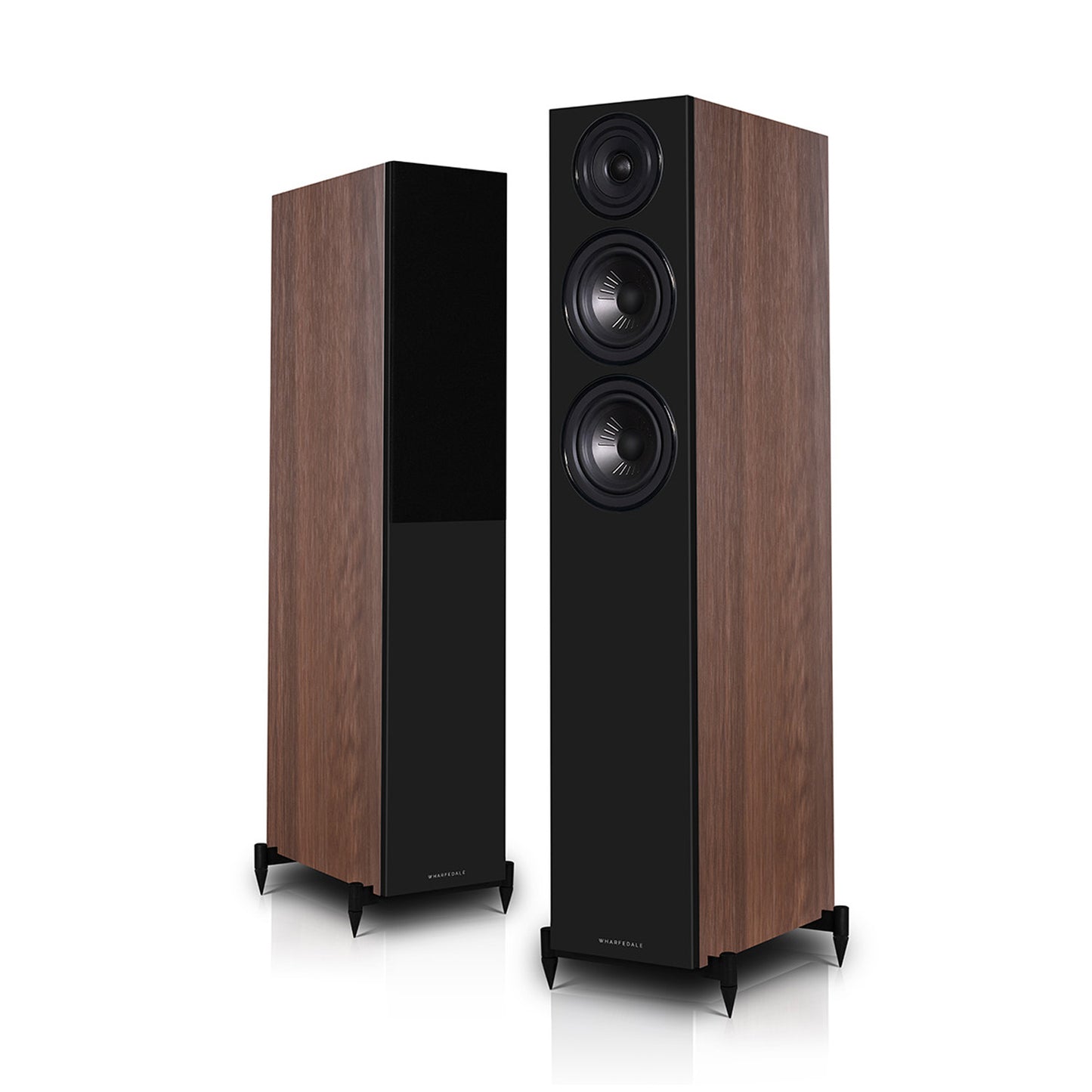 Pair of walnut Wharfedale Diamond 12.4i Speakers on white background
