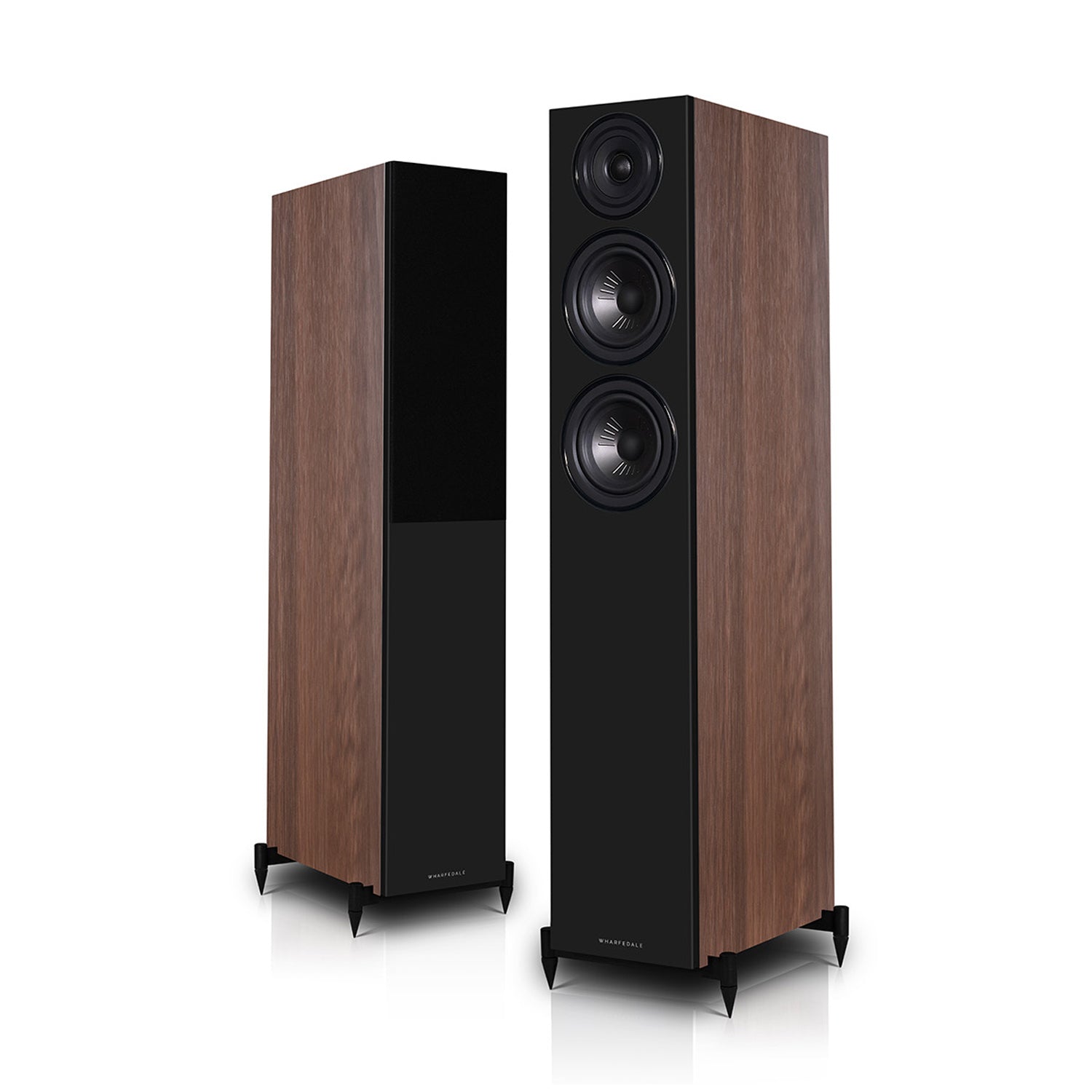 Pair of walnut Wharfedale Diamond 12.4i Speakers on white background