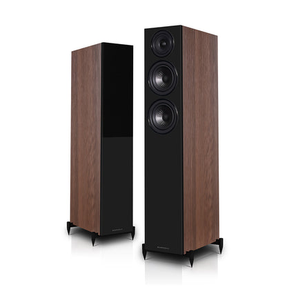 Pair of walnut Wharfedale Diamond 12.4i Speakers on white background