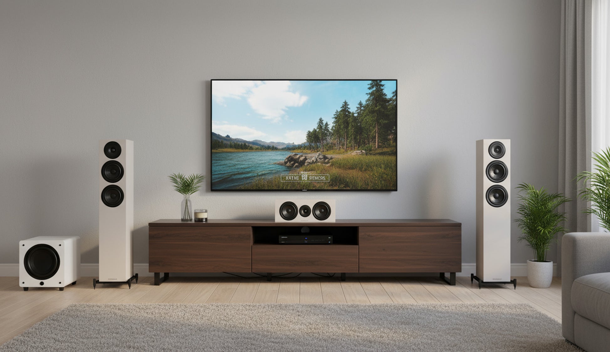 Home theater setup with TV, speakers, and entertainment console in a living room.