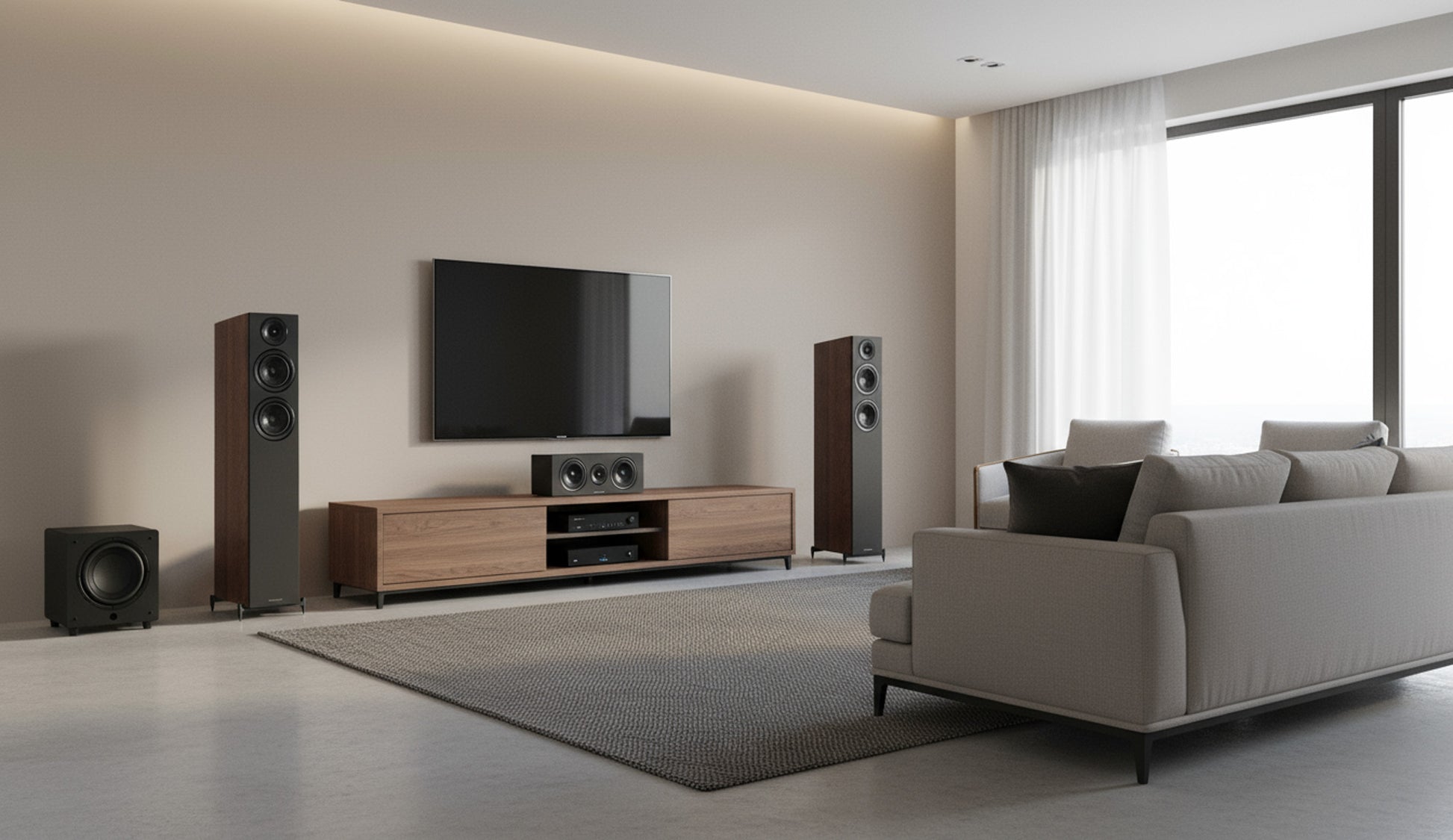 Modern living room with a TV, speakers, and a sofa.