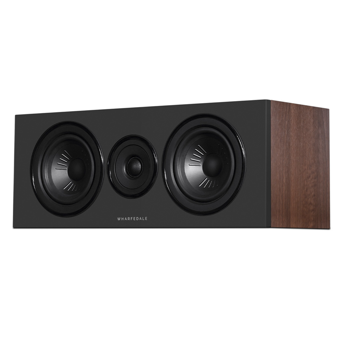 Walnut Wharfedale Diamond 12.Ci Centre Speaker with grill off on white background