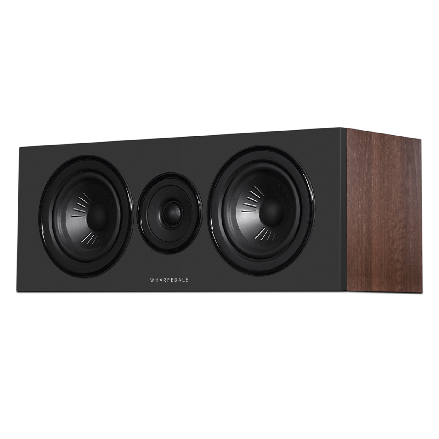 Walnut Wharfedale Diamond 12.Ci Centre Speaker with grill off on white background