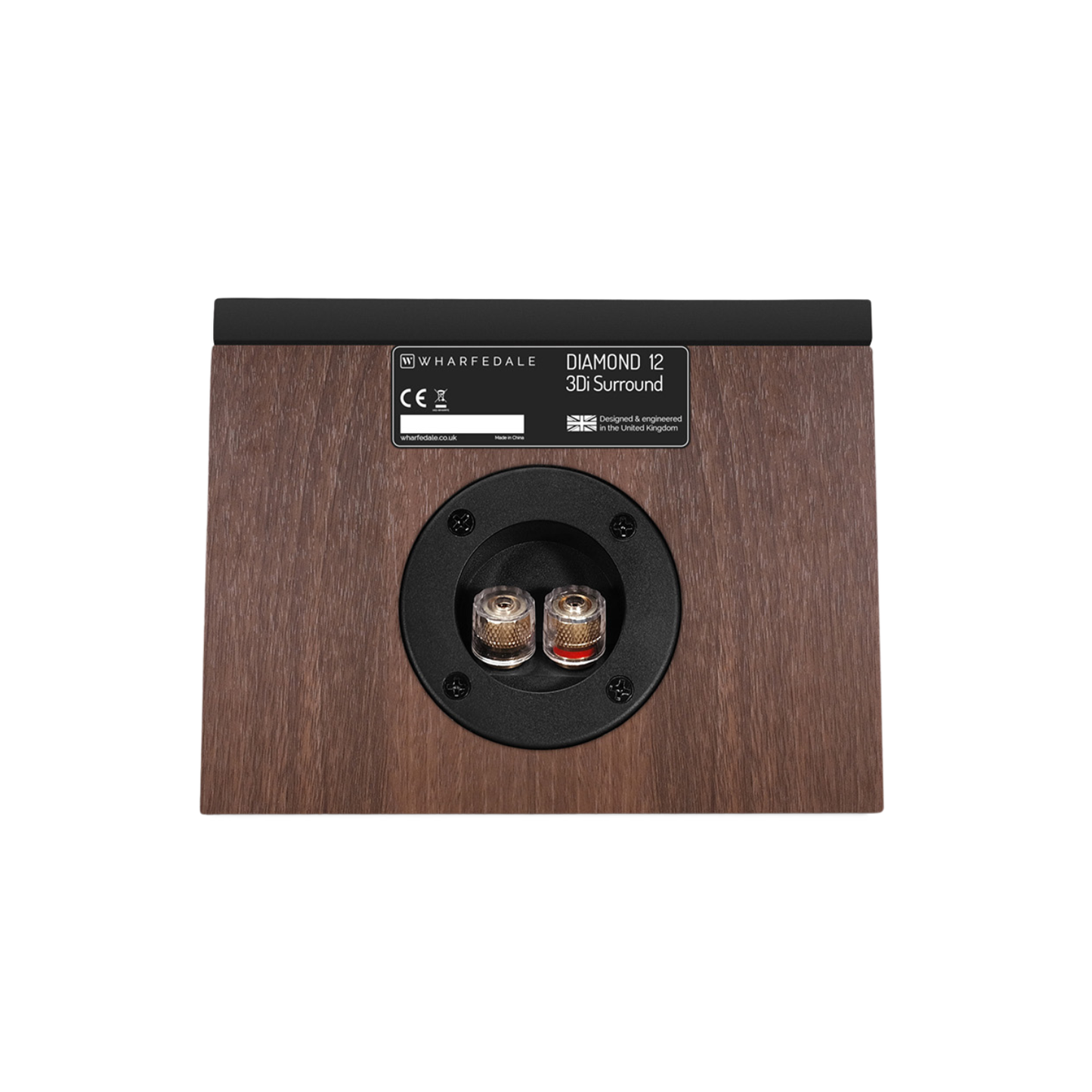 Back of walnut Wharfedale Diamond 12.3Di Surround Speakers on white background