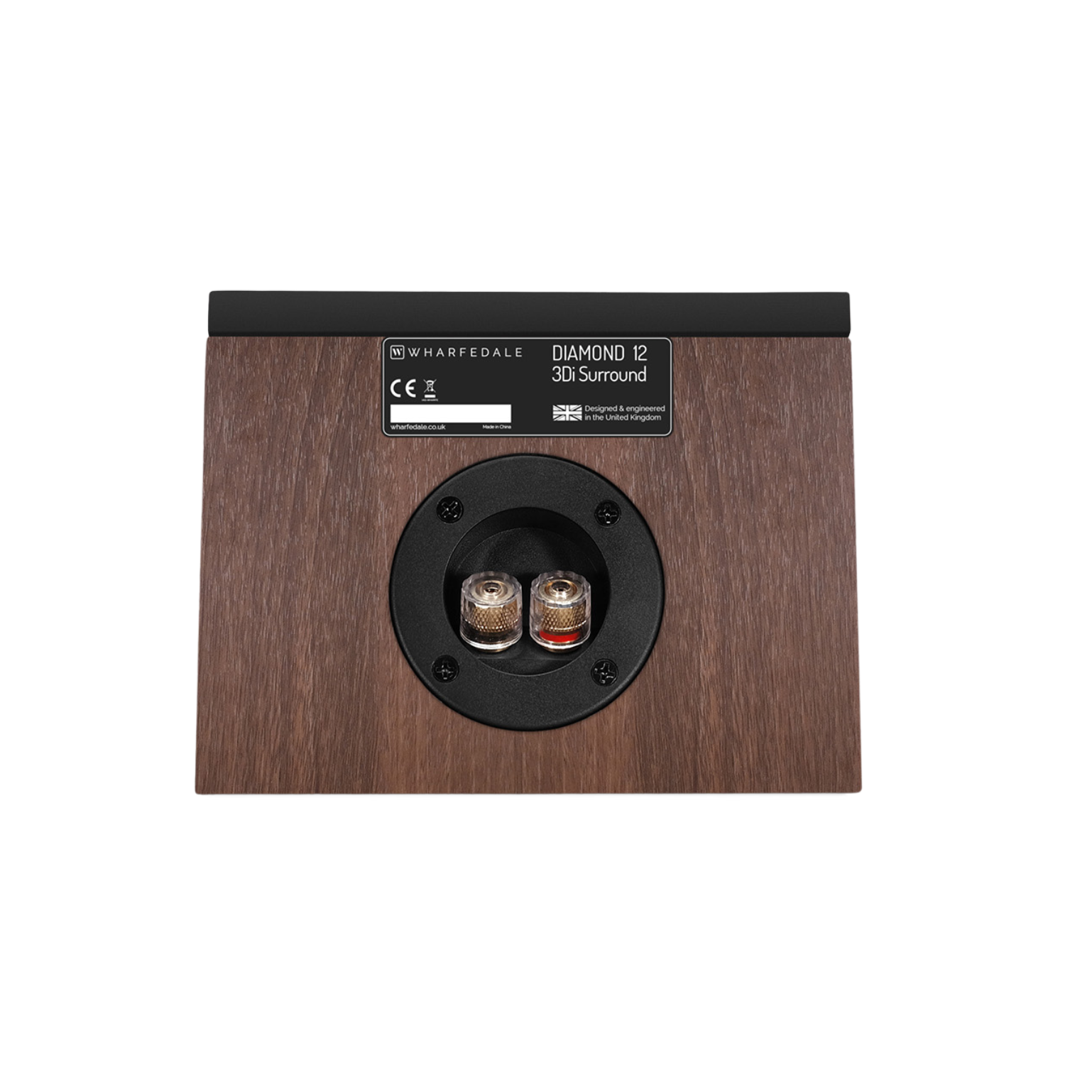 Back of walnut Wharfedale Diamond 12.3Di Surround Speakers on white background