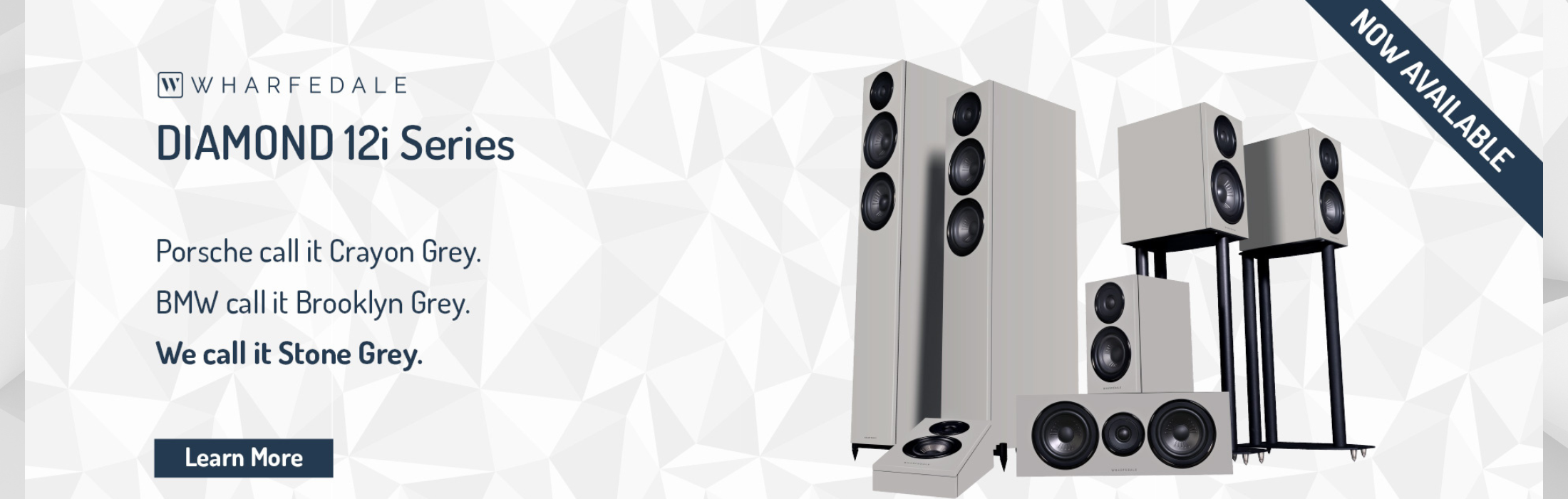 Wharfedale Diamond 12i Series speakers with 'Stone Grey' color option on a light gray background.