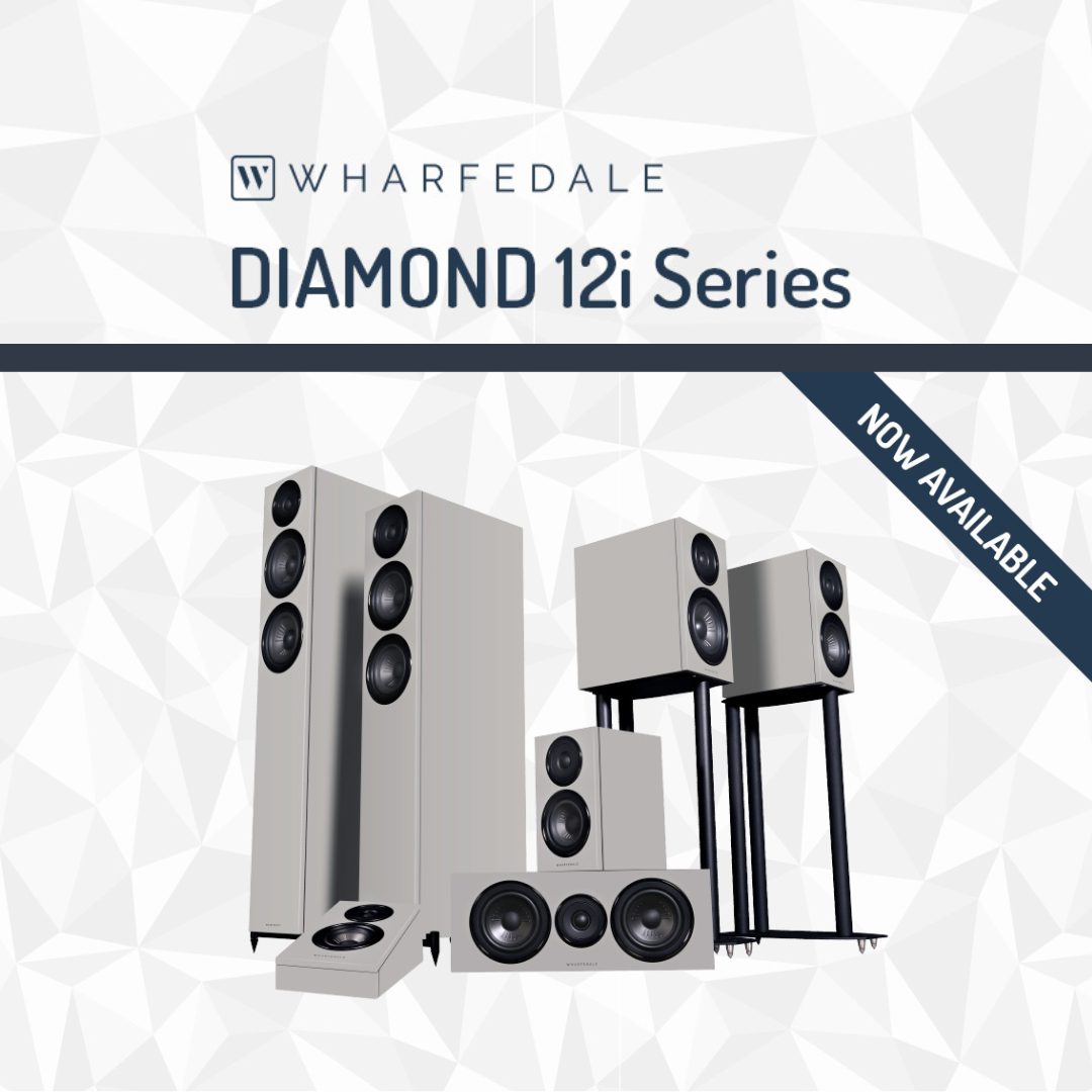 Wharfedale Diamond 12i Series speakers on a geometric patterned background