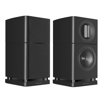 Angle view of black Wharfedale Elysian 1R Bookshelf Speakers