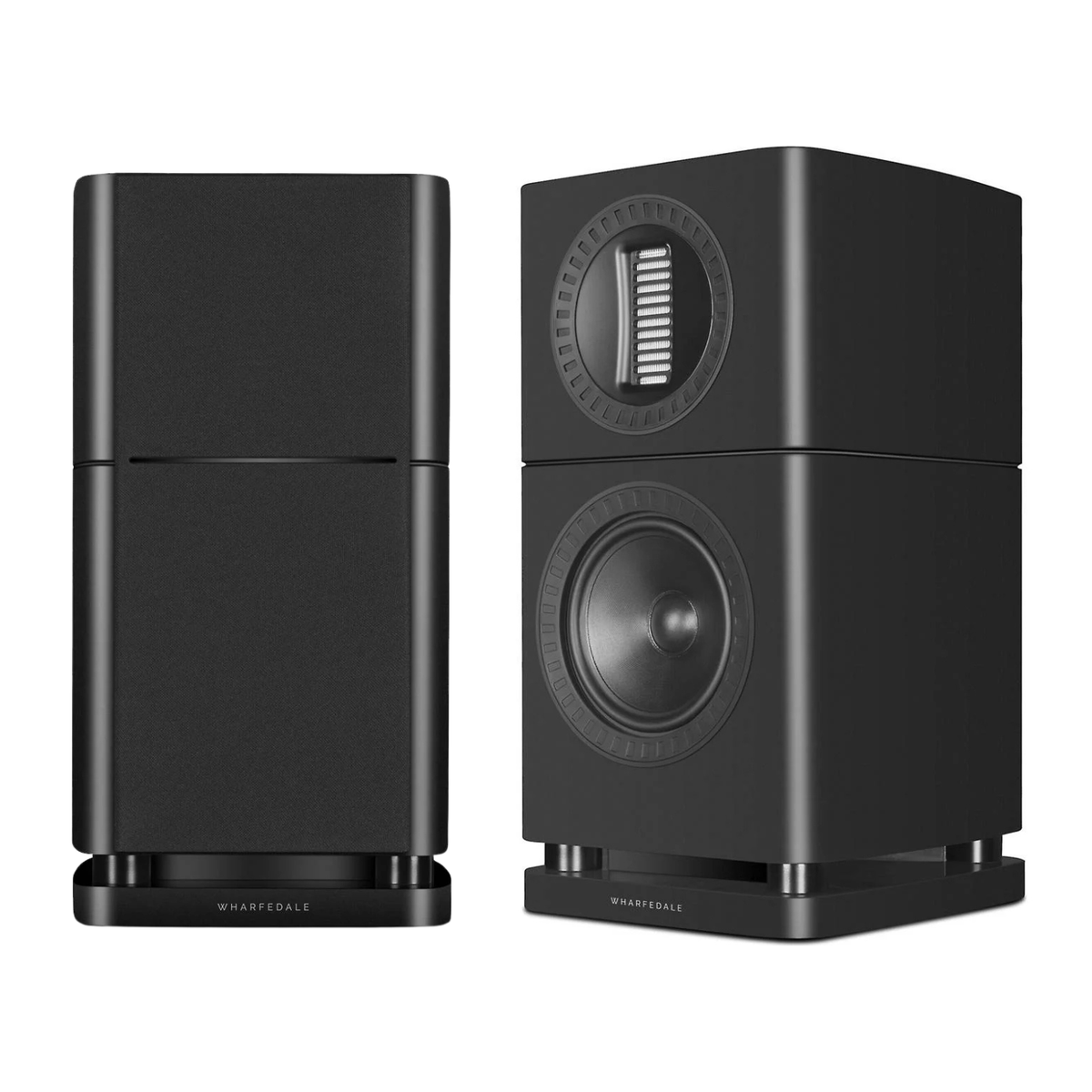 2 matte black Wharfedale Elysian 1R Bookshelf Speakers on a white background