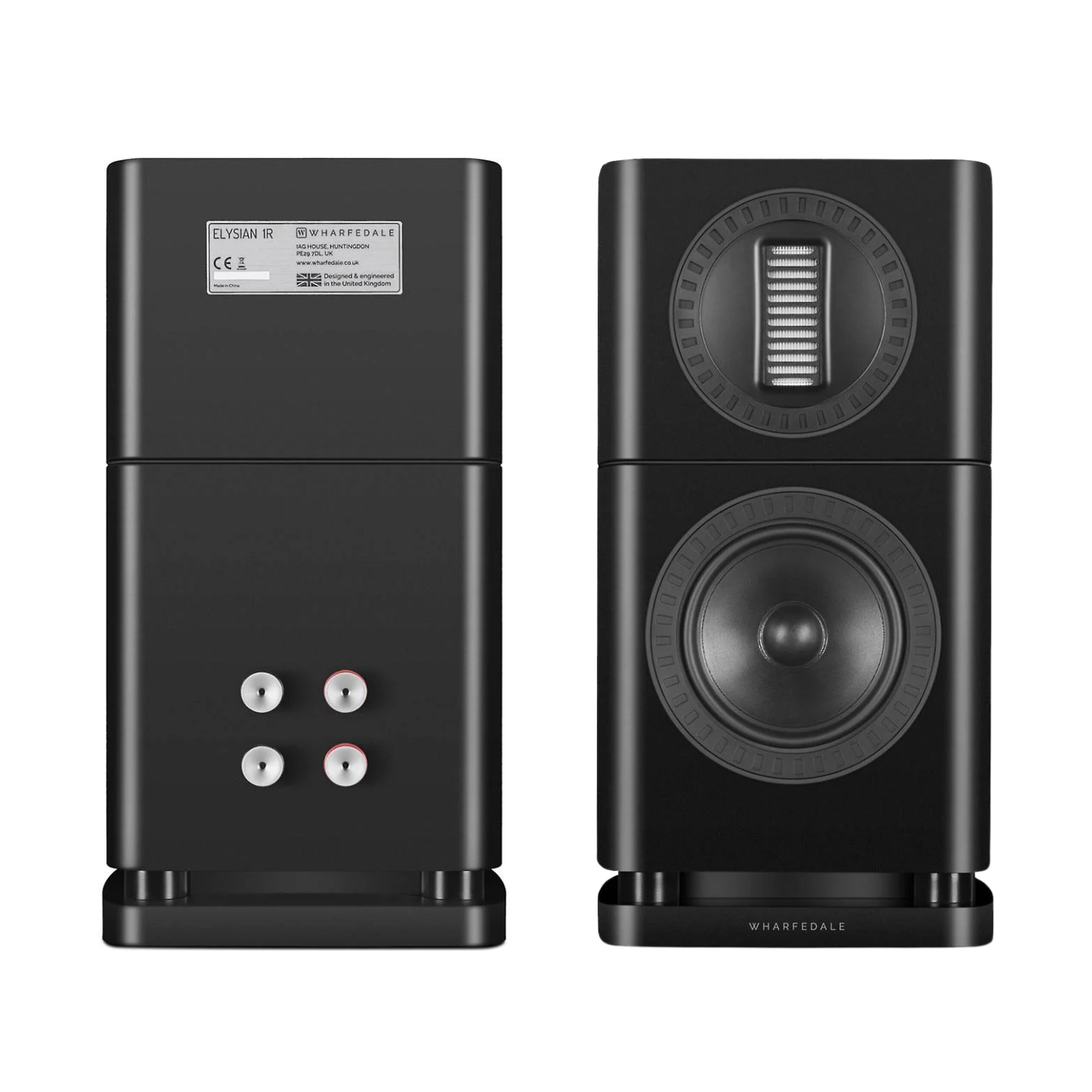 Front and rear view of black Wharfedale Elysian 1R Bookshelf Speakers