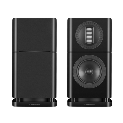 2 matte black Wharfedale Elysian 1R Bookshelf Speakers on a white background