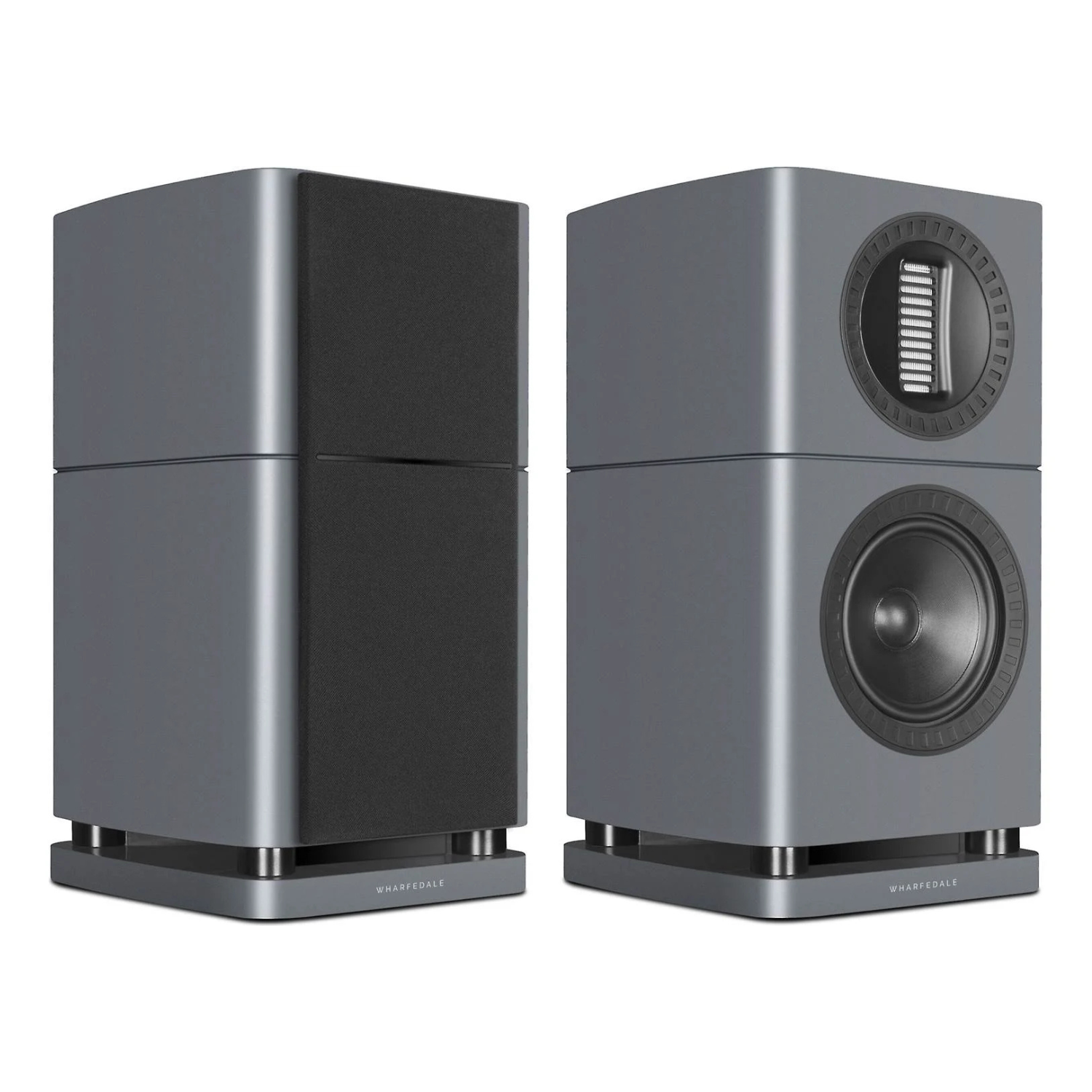 Angle view of lunar grey Wharfedale Elysian 1R Bookshelf Speakers on a white background