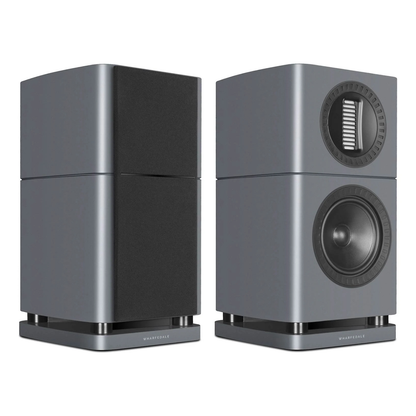 Angle view of lunar grey Wharfedale Elysian 1R Bookshelf Speakers on a white background